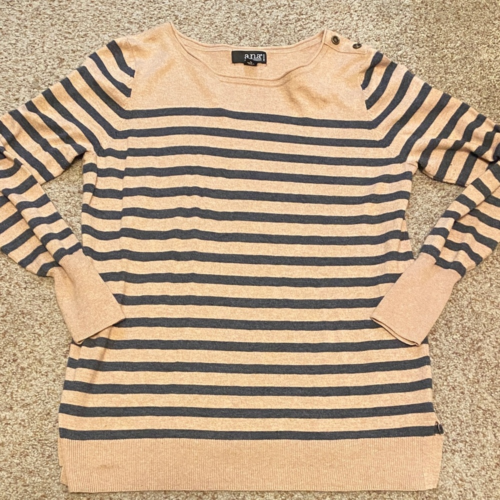 a.n.a Women's Crew Neck Sweater - Tan and Black Stripes